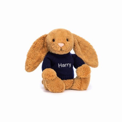 Jellycat Bashful Golden Bunny with Navy Jumper UK | 63285PRTG